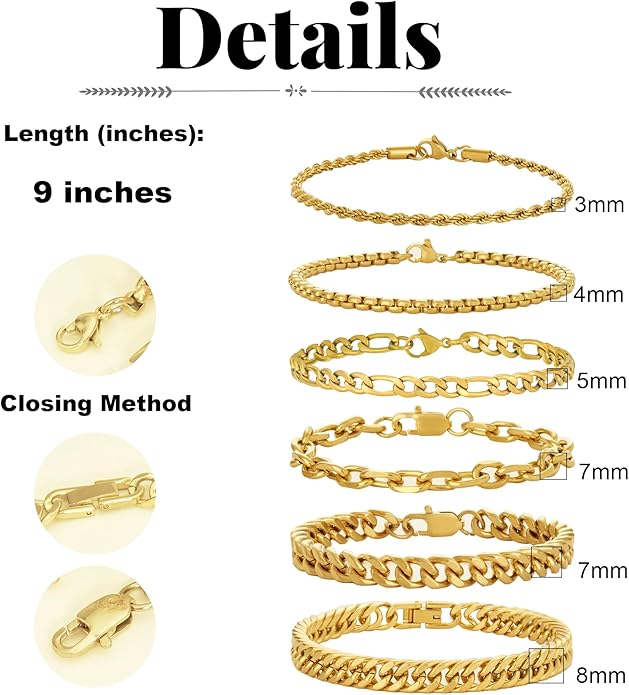 XIANNVXI 6pcs Stainless Steel Bracelets for Men Women Silver/Gold/Black Cuban Link Rope Paperclip Chain Bracelets Set 6.5/7/7.5/8.3/9 Inches Metal Bracelet Mens Fashion Accessories Jewelry Set