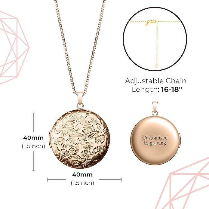 Locket Necklace for Women Girls, 18” Jewelry Chain, Picture Photo Inside, Cadenas para mujer, Personalized Custom Name Gold Locket, Customized Couples Locket, Silver, Rose Gold, Gold