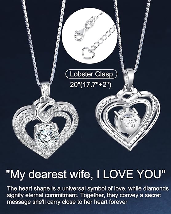 ForeverLove Heart Necklaces for Women, 1-3 Carat Moissanite Necklace Engraved 'I LOVE YOU', Wedding Anniversary Birthday Christmas Valentines Engagements Mothers Day Jewelry Gifts for Mom Wife Her Girlfriend