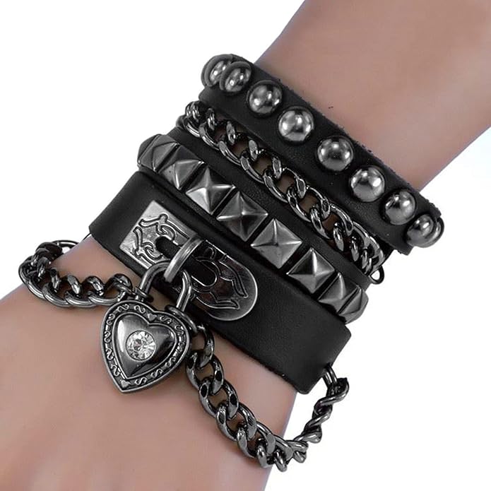 Perfect 4U Rivet Bracelet Multilayer Black Leather Cuff Heart Pendant Bangle Studded Chain Wrist Punk Sports Rock Bracelet Adjustable