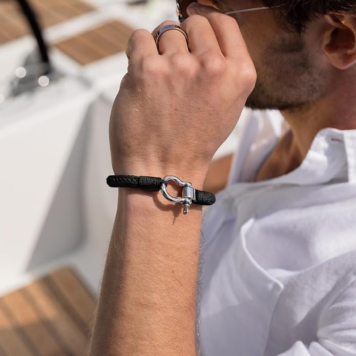 Elegatto Orion Premium Rope Bracelet for Men | Natural Cotton Finish and Sterling Silver Polished Stainless Steel Horseshoe Shackle Closure | Men’s Designer Bracelets