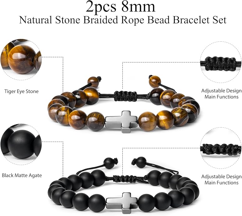 Romass 2Pcs Cross Bracelet for Men,Tiger Eye Beaded Bracelets 8MM Natural Stone Adjustable Jewelry Christian Easter Christmas Gifts Box