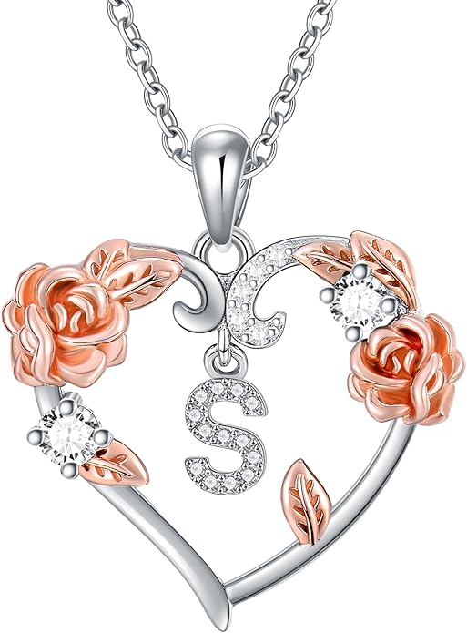 AOBOCO Rose Heart Necklaces Valentines Gifts for Women, 925 Sterling Silver Rose Love Heart Initial Letter Pendant Necklace Jewelry Mothers Day Christmas Birthday Gifts for Her Mom Wife Girlfriend