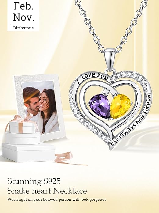 Zeuslia Double Birthstone Necklace Gifts for Wife - 925 Sterling Silver Sunflower/Rose/Crown Cross/Compass/Heart Pendant I Love You Necklace, Anniversary Birthday Gifts for Wife Girlfriend Mom Her