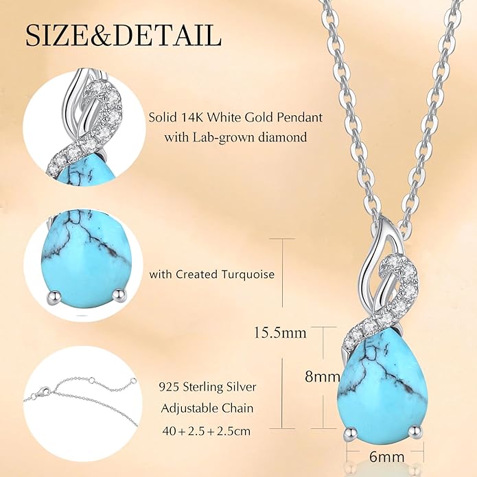 FANCIME 14K Solid White Gold Teardrop Pendant with Diamond Birthstone Necklace