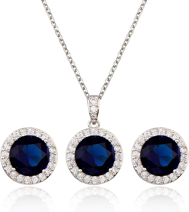Bridal Crystal Jewelry Set - Sterling Silver Round Cubic Zirconia CZ Rhinestone Halo Birthstone Pendant Necklace Stud Earrings Set for Wedding Bride Bridesmaids Birthday Gift