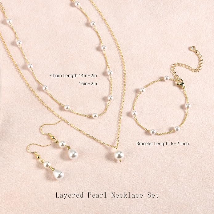 DIBOLA Gold Jewelry Set for Women, Dainty Layered 14K Gold/Silver Pearl Choker Necklaces and Earring Set Pearl Earrings Bracelets Wedding Bride Jewelry