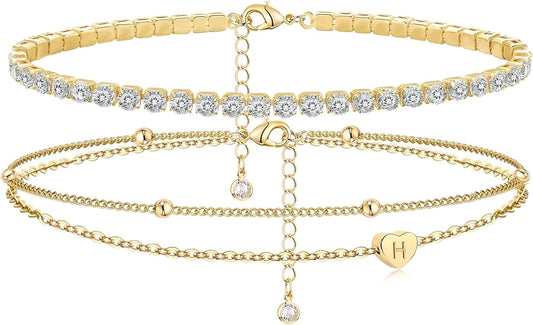 Initial Ankle Bracelets for Women, Dainty Gold Layered Heart CZ Bead Anklets, 14K Gold Plated Waterproof Summer Beach Jewelry Set