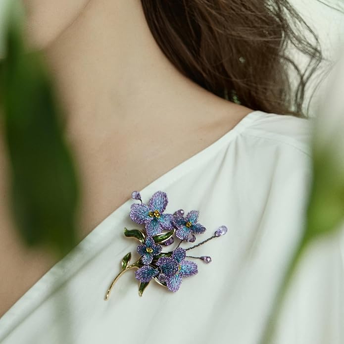 Forget me not Flower Brooch Handmade Gold Thread Embroidered and hand-Drip Enamel leaf, Gradient Botanical Floral Brooch pins for women, SHE'S FREE STYLE JUST FOR YOU [Bencao Gangmu Series]Vintage Plant Jewelry