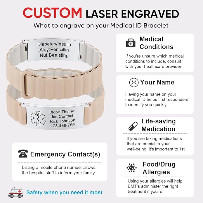 Comfortable Medical ID Bracelet for Men & Women - Custom Engraved Silicone Strap Comfort Fit Medical Alert Bracelets for Sports,Adjustable Waterproof Customizable Wristband for Diabetic