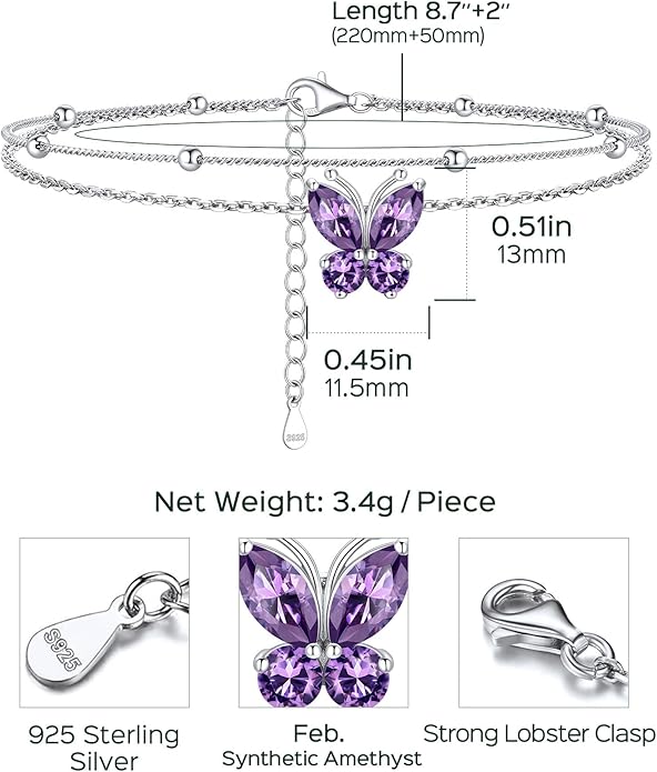 ChicSilver 925 Sterling Silver Anklets for Women Waterproof, Sparkling Birthstone Ankle Bracelets for Women, Adjustable Layered Butterfly Anklet Summer Beach Jewelry
