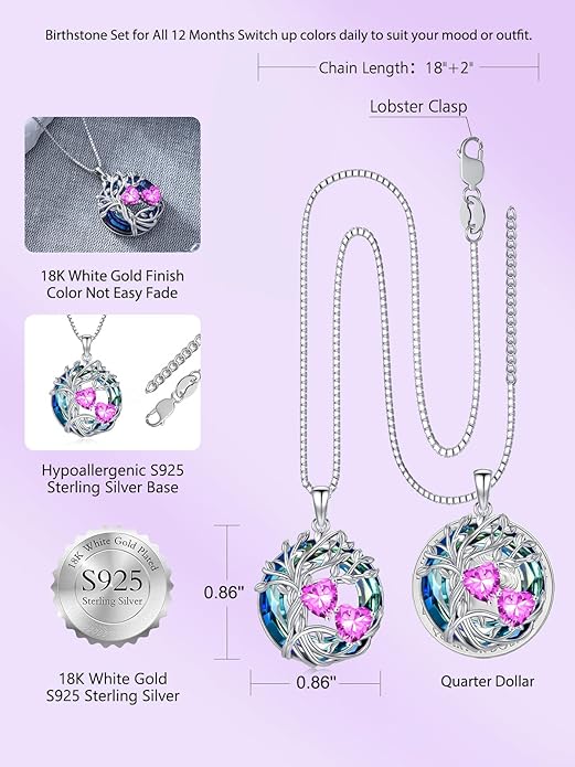 TOUPOP s925 Sterling Silver Family Celtic Tree of Life Pendant Necklaces with 2 Heart Birthstone with Blue Austrian Crystal Jewelry Birthday Anniversary Christmas Gifts for Her Wife Girlfriend Mom (18K Real White Gold Filled)