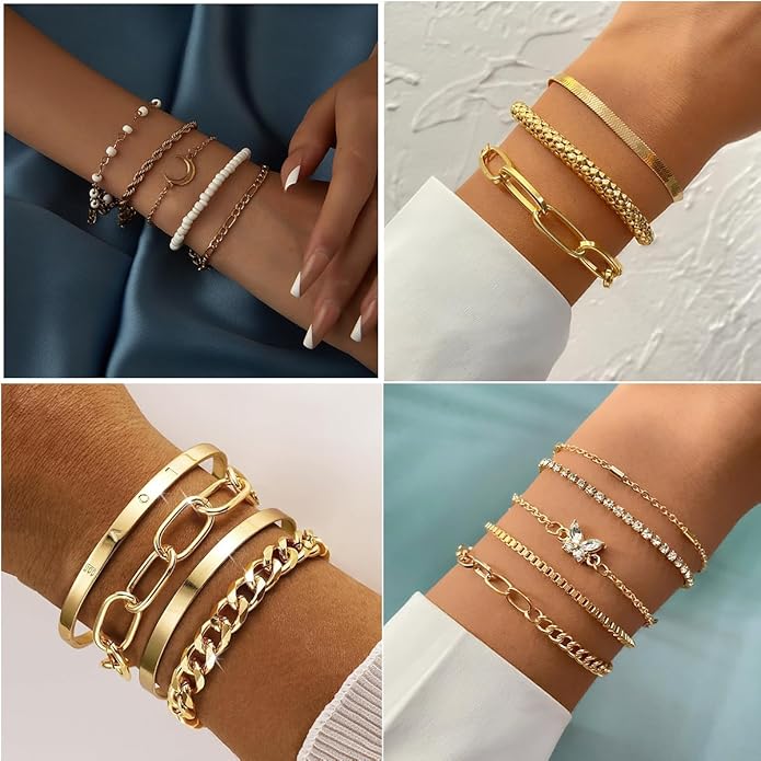 IFNODO 28pcs Gold Chain Bracelets Set for Women 14K Gold Plated Multiple Layered Bangle Adjustable Link Bracelet Anklet Fashion Accessories Jewelry Gift