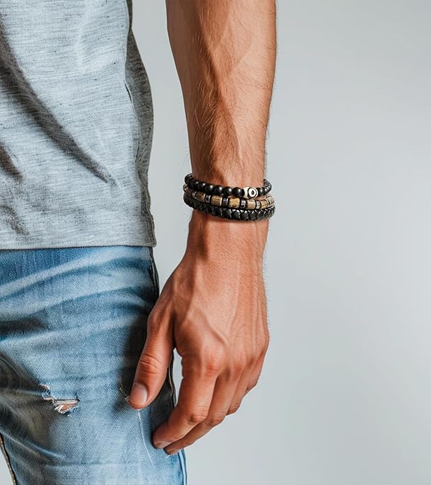 3pc Mens Beaded Bracelets Silver Stainless Steel Chain Bracelet for Men Handmade Braided Bracelet Sets Jewelry Gifts for Men