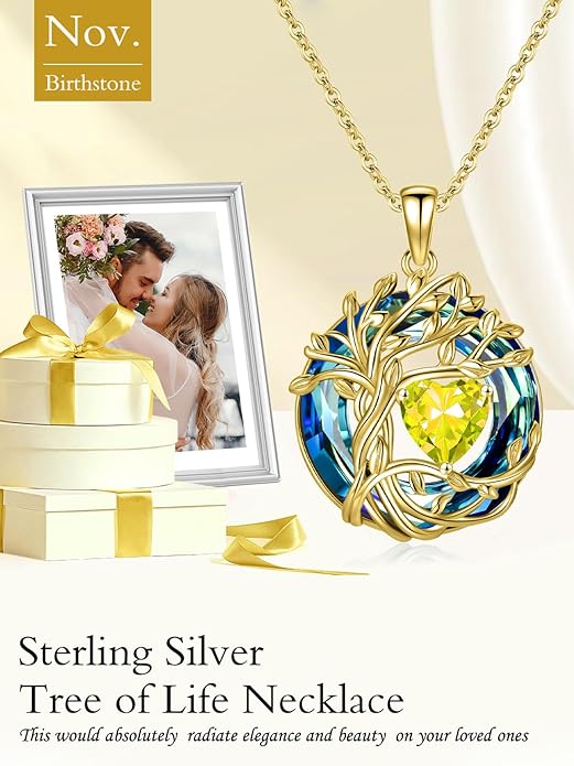 TOUPOP Christmas Gifts Tree of Life Birthstone Necklace 925 Sterling Silver Pendant Austrian Crystal Jewelry Anniversary Birthday Gifts for Women Mom Her Wife