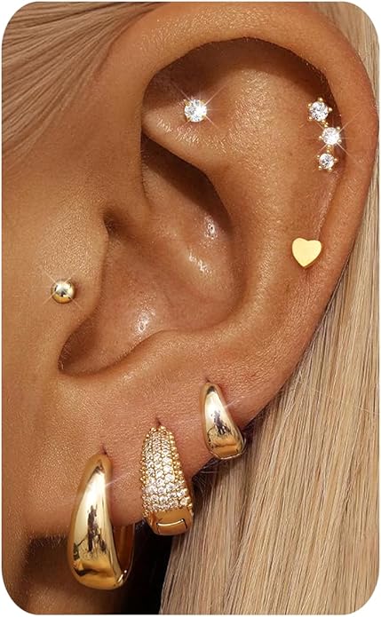 Hypoallergenic 14K Gold Plated Hoop Stud Earrings for Women Surgical Stainless Steel Flat Back Earrings Lightweight Small Chunky Huggie Hoops Cartilage Earring Stacks for Multiple Piercing Women Gifts