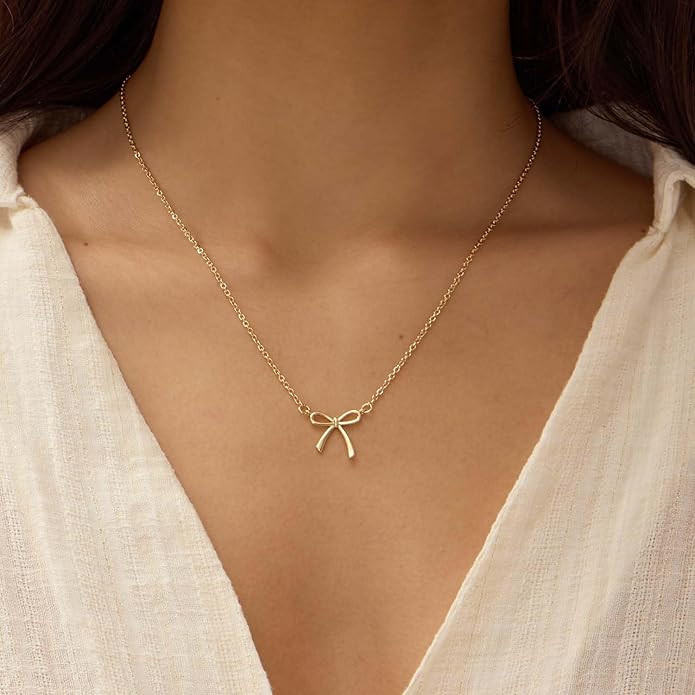Gold Necklace for Women Dainty Bow Necklace 14K Gold Plated Cute Choker Necklace Small Bow Pendant Charm Necklaces Teen Gift Trendy Stuff Personalized Jewelry Gifts