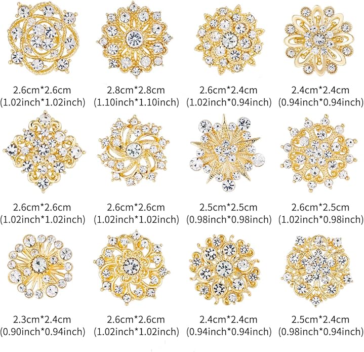 Assorted Small Size Crystal Rhinestone Flower Brooch Pins Set for Crafts Embellishment, Wedding Bouquet Brooches for Women Fashion