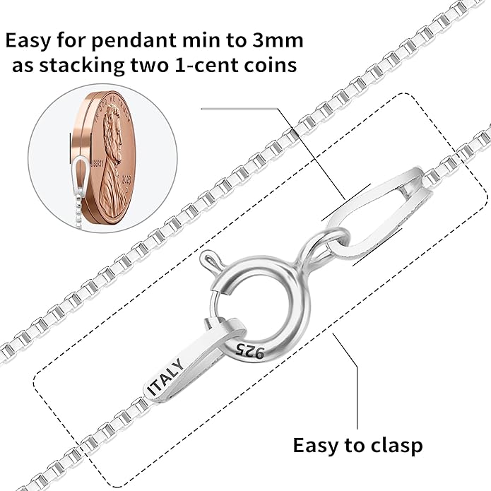 ASHINE 925 Sterling Silver Box Chain Necklace for Women, 1mm 0.8mm Italian Chains, Dainty & Sturdy Necklace with Silver Polishing Cloth Available in 16-36 Inch