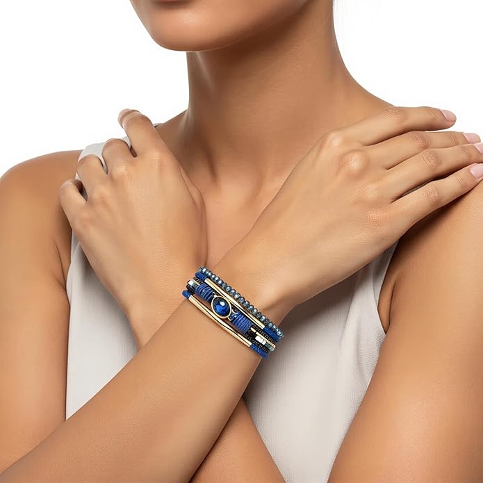Edoneery Leather Wrap Bracelet for Women, Boho Handmade Multi-Layer Cuff with Crystal Beads Heart, Stackable Bangle Western Jewelry Gift