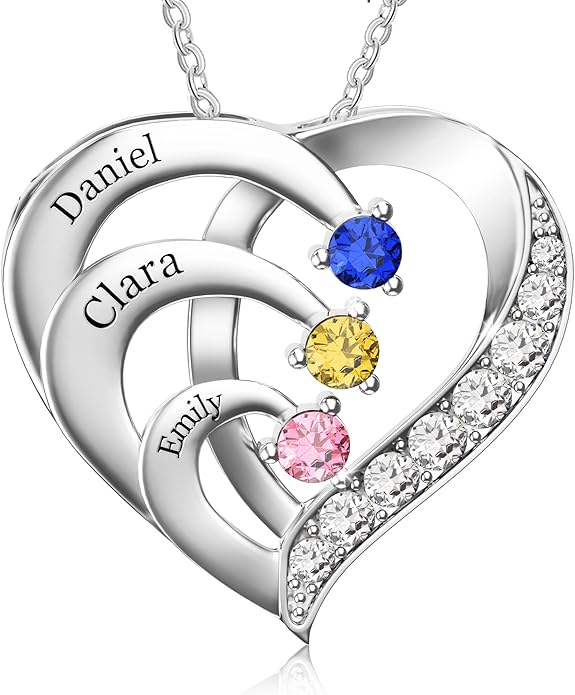 Easycosy Custom Name Necklace with Simulated Birthstones Customized Promise Necklace Heart Pendant with Engraved 2-6 Names - Anniversary Birthday Christmas Jewelry Gifts for Women Wife Mom Grandma