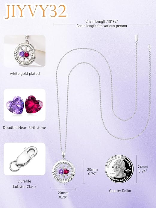 Compass Birthstones Necklace for Women, Exquisite Anniversary Birthday Gifts for Wife Her Double Birthstone Pendant jewelry ‘I'd be Lost Without You’