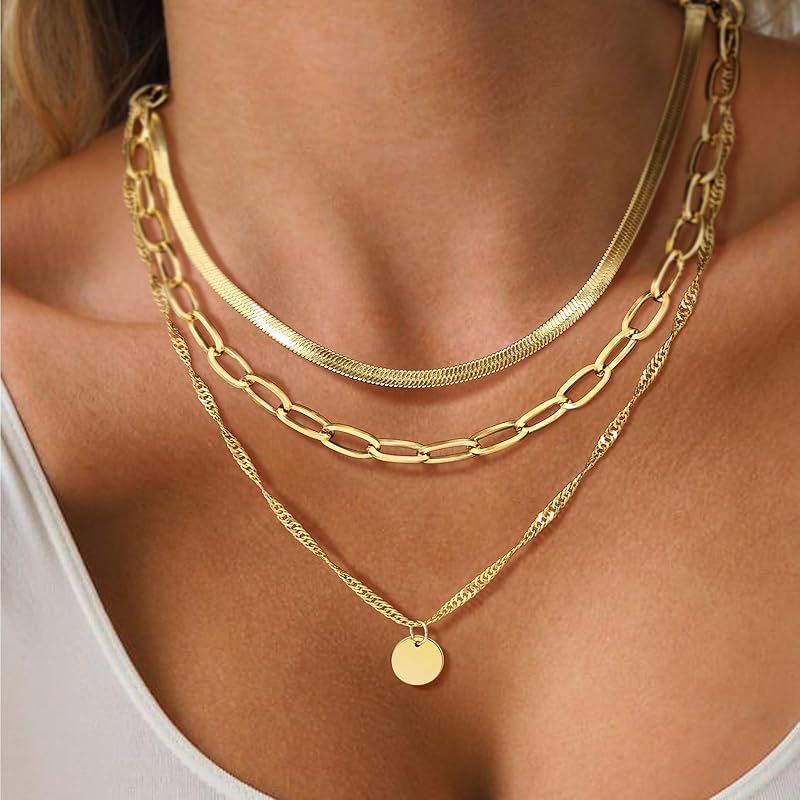 Gold Layered Necklaces for Women,14k Gold Plated Dainty Necklace Stack Set,Non Tarnish Adjustable Stainless Steel Herringbone Snake Circle Pendant Paperclip Choker Chain Jewelry