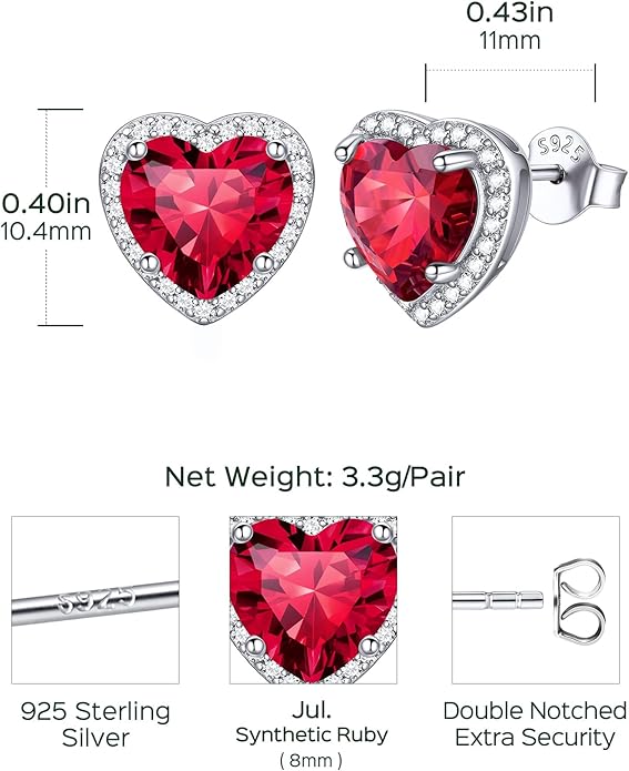ChicSilver 925 Sterling Silver Birthstone Earrings for Women, 8MM/2 Carat Heart & Round Cubic Zirconia Stud Earrings, Hypoallergenic Jewelry, Ideal Birthday or Christmas Gifts
