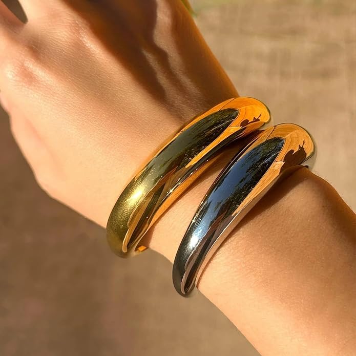 Gold Silver Bangles Bracelet for Women Trendy, 14K Gold Plated Dainty Thick Chunky Cuff Bracelet Stack