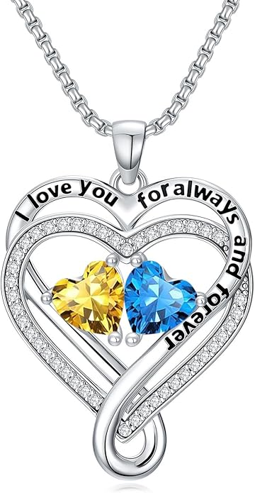 I Love You for Awlays and Forever Double Heart Necklace with Birthstone, 2 Birth Stone Jewelry Anniversary Valentines Mothers Day Christmas Birthday Gifts for Women Her Wife Girlfriend Mom Mother
