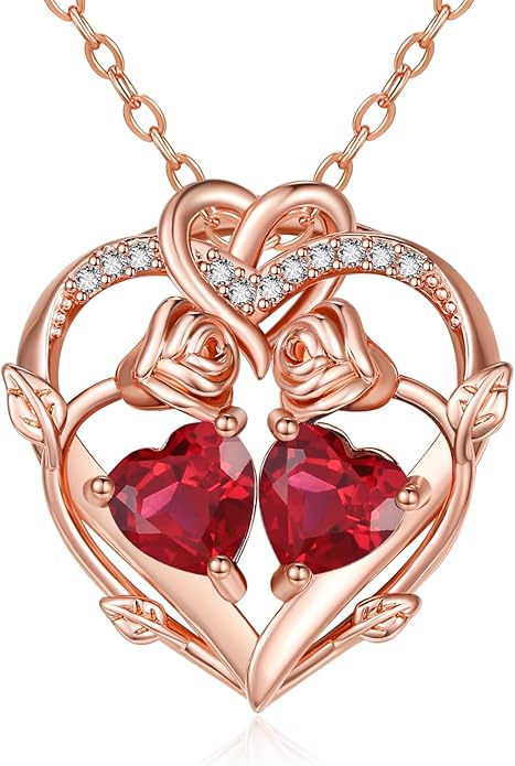 Rose Gold Necklaces for Women Double Birthstone Rose Flower Heart Pendant Necklace Jewelry Anniversary Christmas Valentine's Mother's Day Birthday Gift for Wife Mom Her Girlfriend Sister