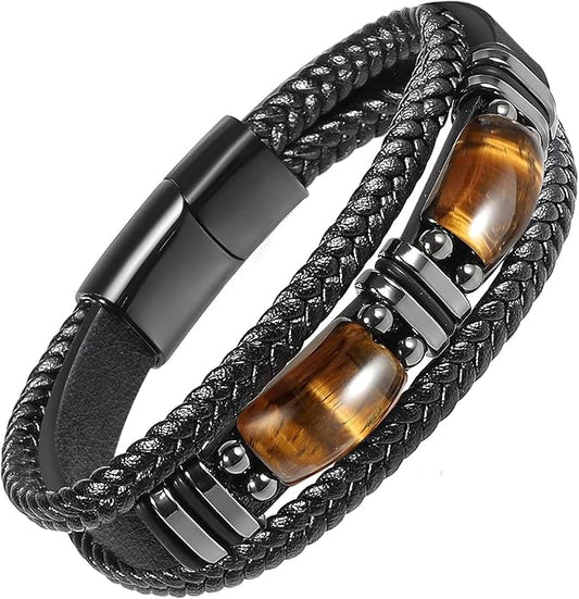 Tiger Eye Black Leather Bracelet Men Natural Tiger Eye Gemstone Crystal Stone Jewelry Handmade Courage And Stress Relief Protection Bracelet