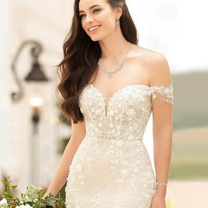 Crysdue Flower Leaf Wedding Jewelry Set for Bridal Bridemaid, Cubic Zirconia Teardrop Elegant Silver/14K/Rose Gold Plated Vine Necklace Dangle Earrings for Prom Party