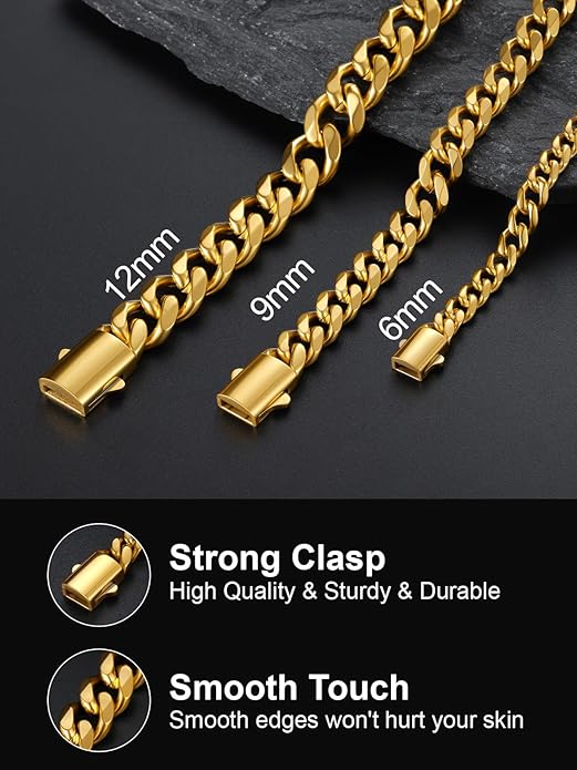 U7 Cuban Link Chain Necklace for Men, Stainless Steel/Black/Gold Mens Necklaces, Chunky Curb Chain Necklace in 6/9/12mm Width 18-30 Inches, Thick Choker Jewelry with Box Packed