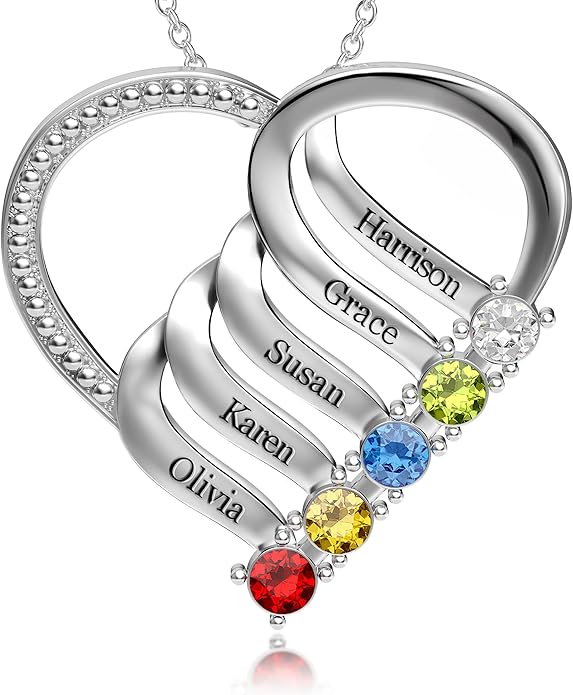 Easycosy Custom Name Necklace with Simulated Birthstones Customized Promise Necklace Heart Pendant with Engraved 2-6 Names - Anniversary Birthday Christmas Jewelry Gifts for Women Wife Mom Grandma
