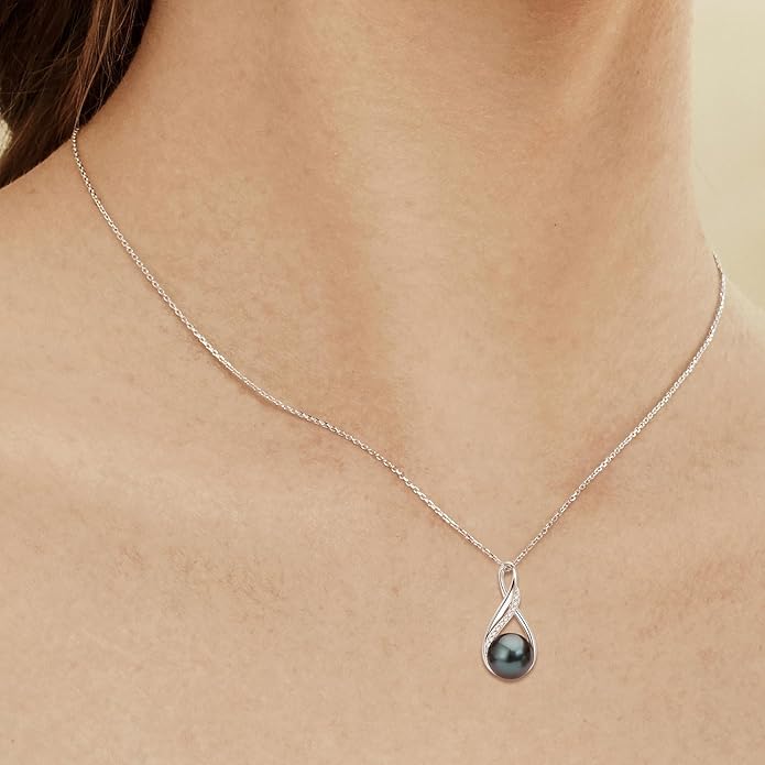 DENGGUANG Tahitian Black Pearl Necklace for Women Genuine 9-10mm Round Tahitian Cultured Pearls Pendant 18K Gold Plated 925 Sterling Silver - Jewelry Gifts for Mom Wife Daughter
