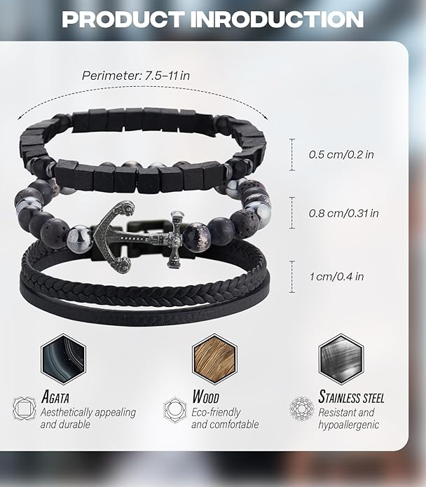 3pc Mens Beaded Bracelets Silver Stainless Steel Chain Bracelet for Men Handmade Braided Bracelet Sets Jewelry Gifts for Men
