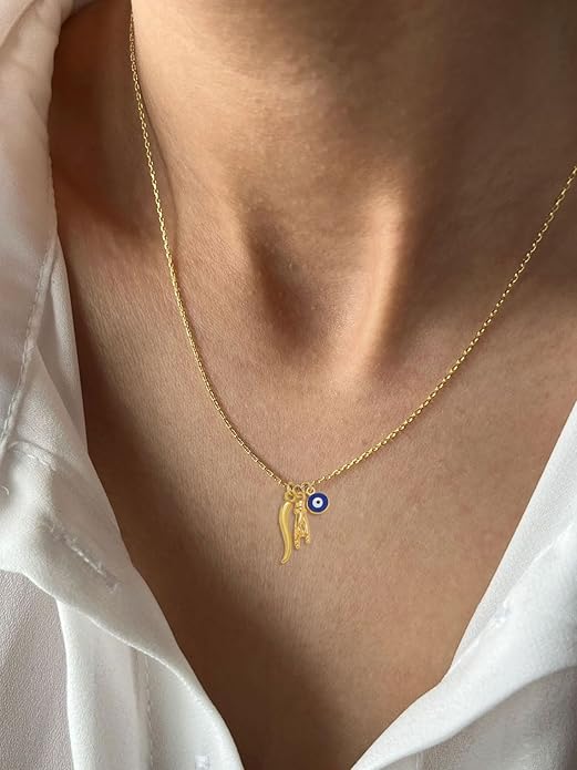 Dainty Blue Evil Eye Charm Horn Pendant Necklace for Women's Spiritual Protection Jewelry 14K Gold Plated