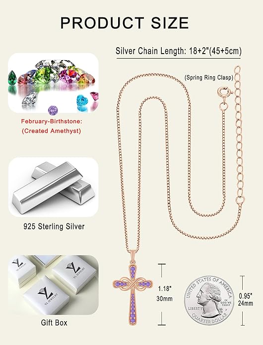 YL 925 Sterling Silver Cross Necklace for Women Halo Infinity Pendant Birthstone Jewelry for Mom