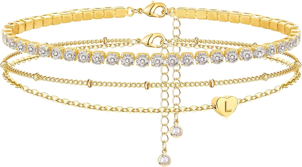 Yanoda Initial Ankle Bracelets for Women, 14K Gold Plated Waterproof Dainty Layered Heart Letter Initial Anklets Personalized Gifts