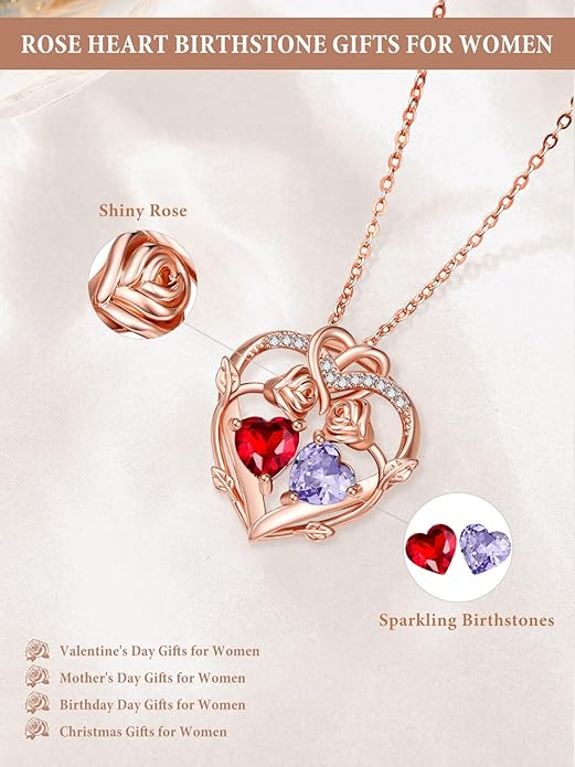 Rose Gold Necklaces for Women Double Birthstone Rose Flower Heart Pendant Necklace Jewelry Anniversary Christmas Valentine's Mother's Day Birthday Gift for Wife Mom Her Girlfriend Sister
