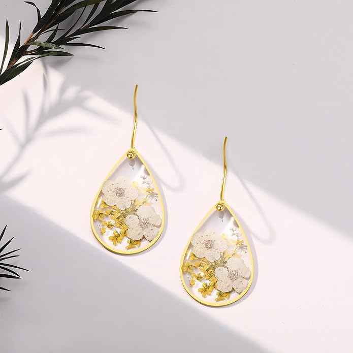 Forget-Me-Not and Queen Anne's Lace Pressed Wildflower Earrings | Pressed Flower Earrings | Handmade Drop and Dangle Earrings | Gift for Woman