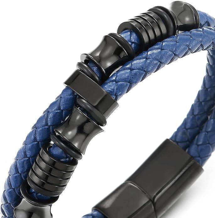COOLSTEELANDBEYOND Mens Double-Row Braided Leather Bracelet Bangle Wristband with Stainless Steel Ornaments