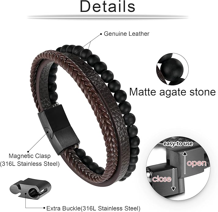 Gifts for Men - Layered Leather Beads Bracelet, Tiger Eye Lava Rock Stone Braided Leather Bracelets for Men Adjustable Magnetic Clasp Birthday Gifts