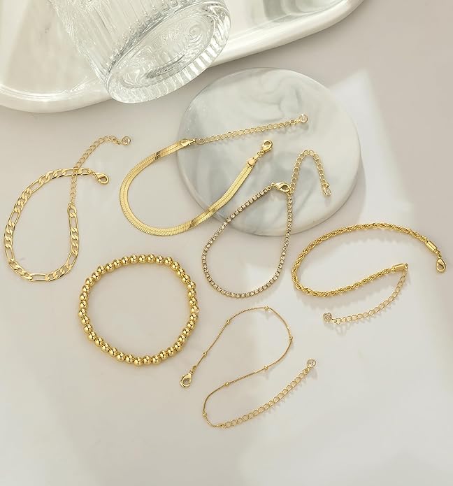 Gold Bracelets for Women 14K Gold Plated Stack Trend Bracelets Charm Paperclip Chain Cuban Link Layered Waterproof Bracelet Dainty Bracelet for Women Jewelry Gifts