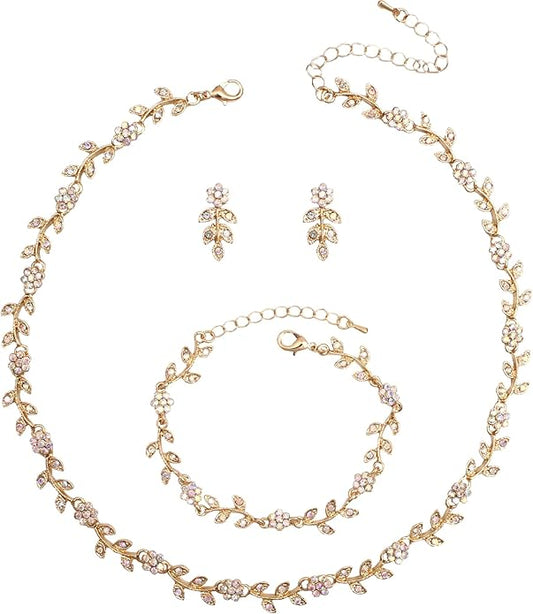 Austrian Crystal Rhinestone Choker Necklace Dangle Earring Link Bracelet Jewelry Set for Brides Bridesmaid Prom Costume Accessories for Women