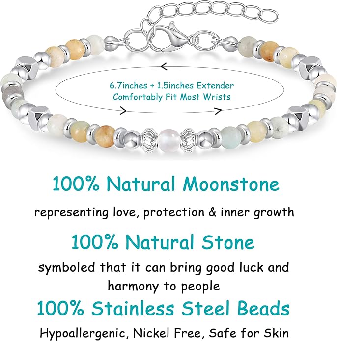 Moonstone Beaded Bracelet for Women - Calming & Empowering Healing Crystal Jewelry, Adjustable Chakra Balancing Gift for Mom, Sister, Daughter - Birthday Christmas