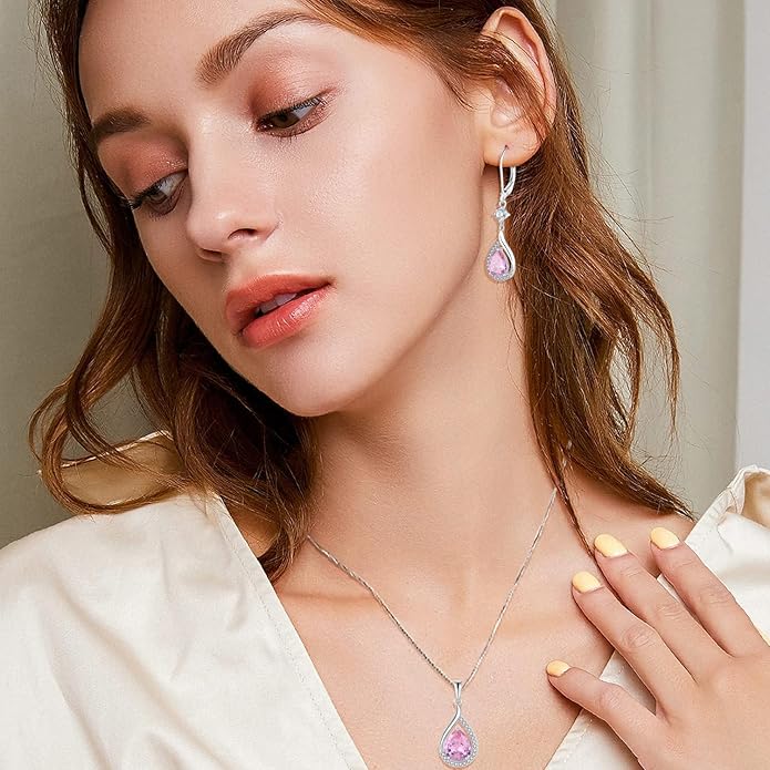 925 Sterling Silver Created Pink Tourmaline Jewelry Set for Women Teardrop Birthstone Dangle Drop Earrings and Necklace Set Jewelry for Her