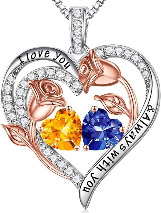 Iefil Birthstone Necklace for Women - 925 Sterling Silver Rose Heart Birthstone Necklace Birthday Anniversary Jewelry Gifts for Her Wife Mom Daughter