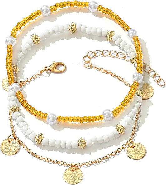 Shell Ankle Bracelet Set for Women, Gold Plated Boho Bead Adjustable Anklet, Hawaiian Beach Seashell Pearl Heart Starfish Conch Foot Jewelry Gifts